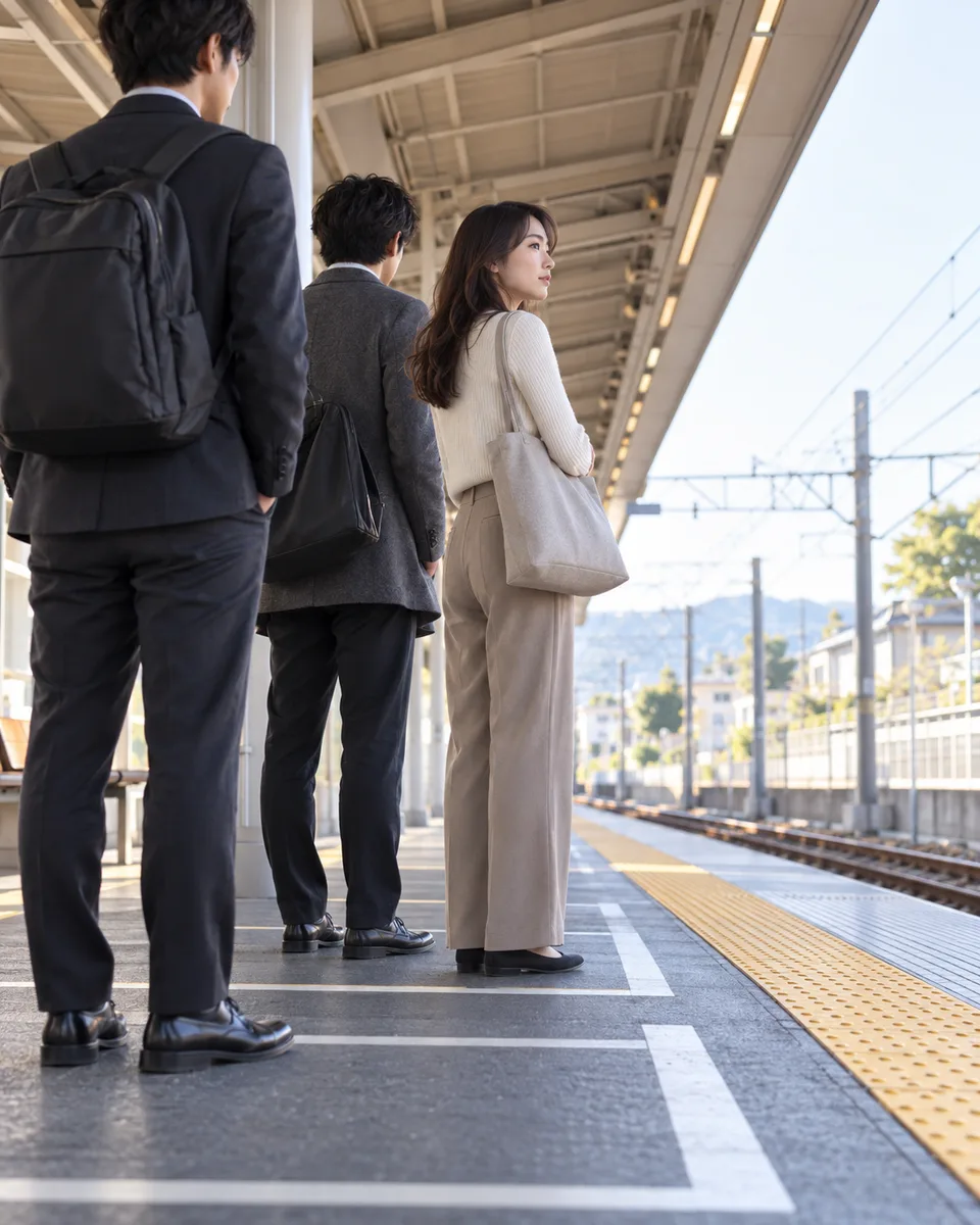 Commuters wait behind the tactile paving on an anonymous Japanese station platform before boarding.