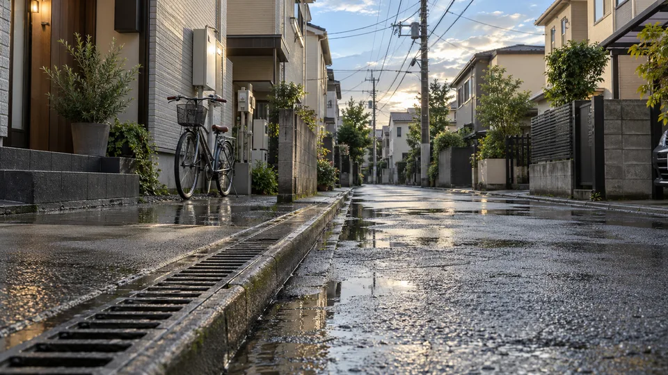 A quiet residential lane in Japan reflects soft morning light after a shower, with homes and utility lines receding into depth.
