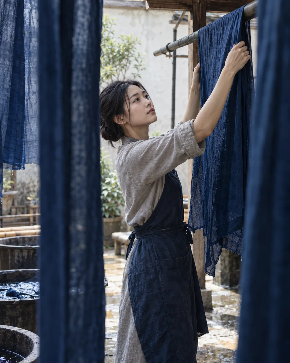 A young Japanese woman inspects lengths of indigo fabric hanging in a small textile workspace.