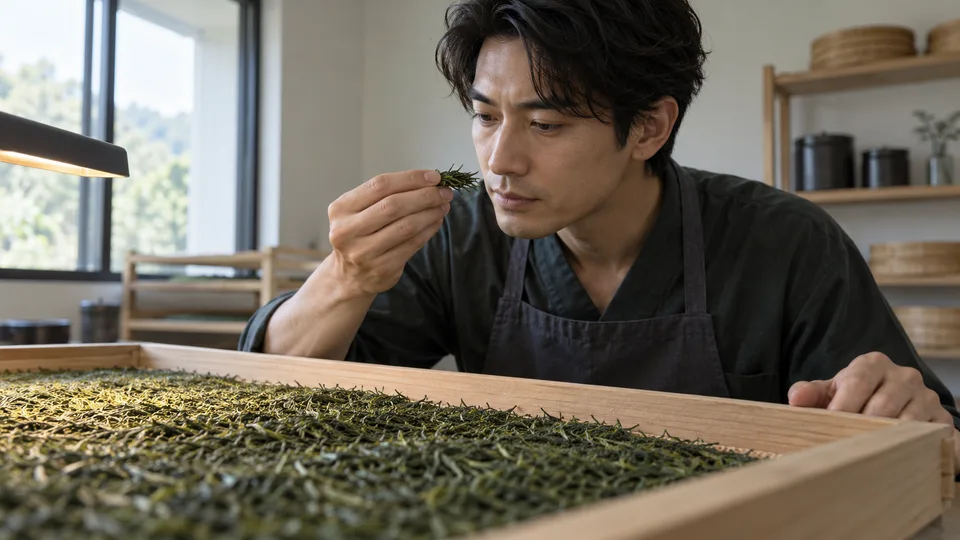 A young Japanese man studies the color and texture of tea leaves at a modest processing bench.