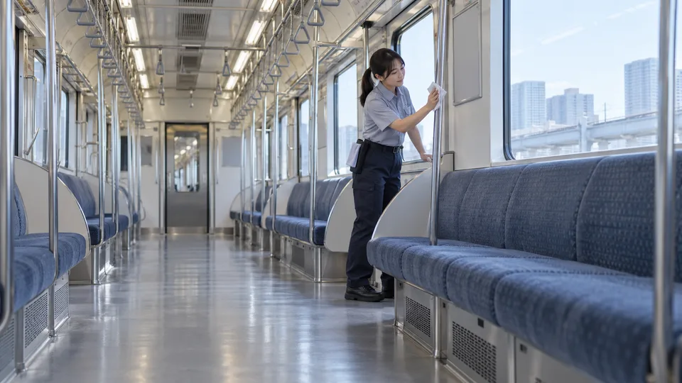 A young Japanese rail cleaner wipes the interior fittings of a stopped commuter train with the empty carriage stretching behind.