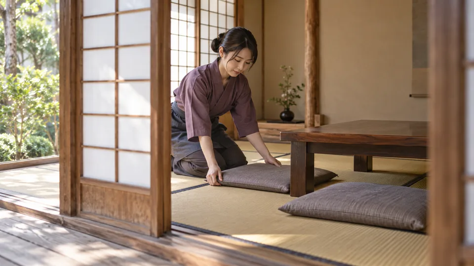 A Japanese ryokan worker aligns a floor cushion beside a low table in a calm tatami room.
