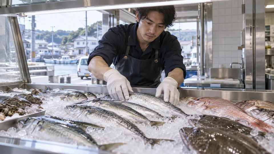 A young Japanese fishmonger arranges fresh fish on a neighborhood shop counter in cool morning light.