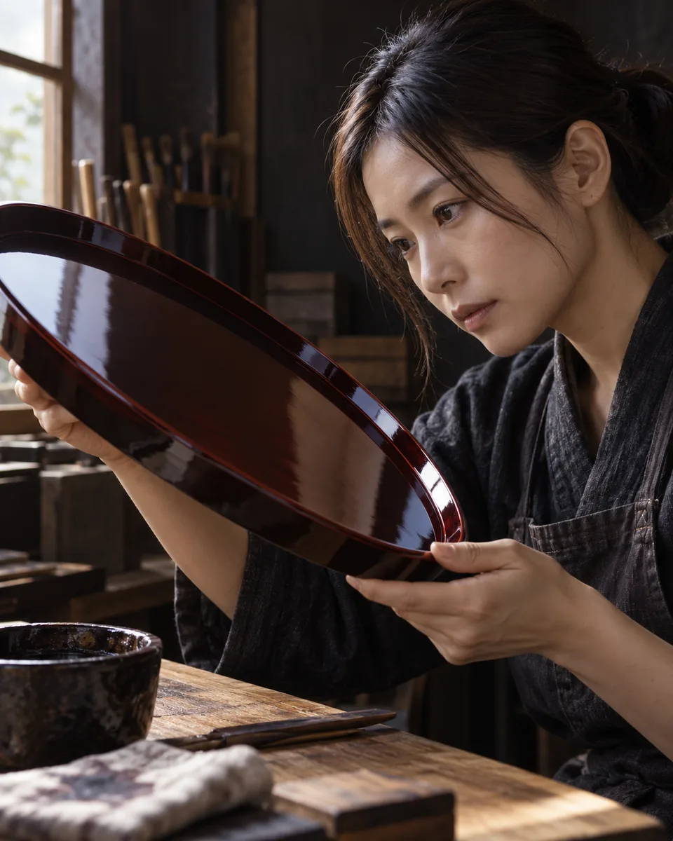 A young Japanese woman examines the finish of a lacquer tray in a small craft studio.