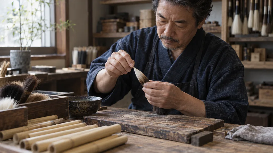 A Japanese brush maker in his fifties checks a handmade brush at a worn workbench.