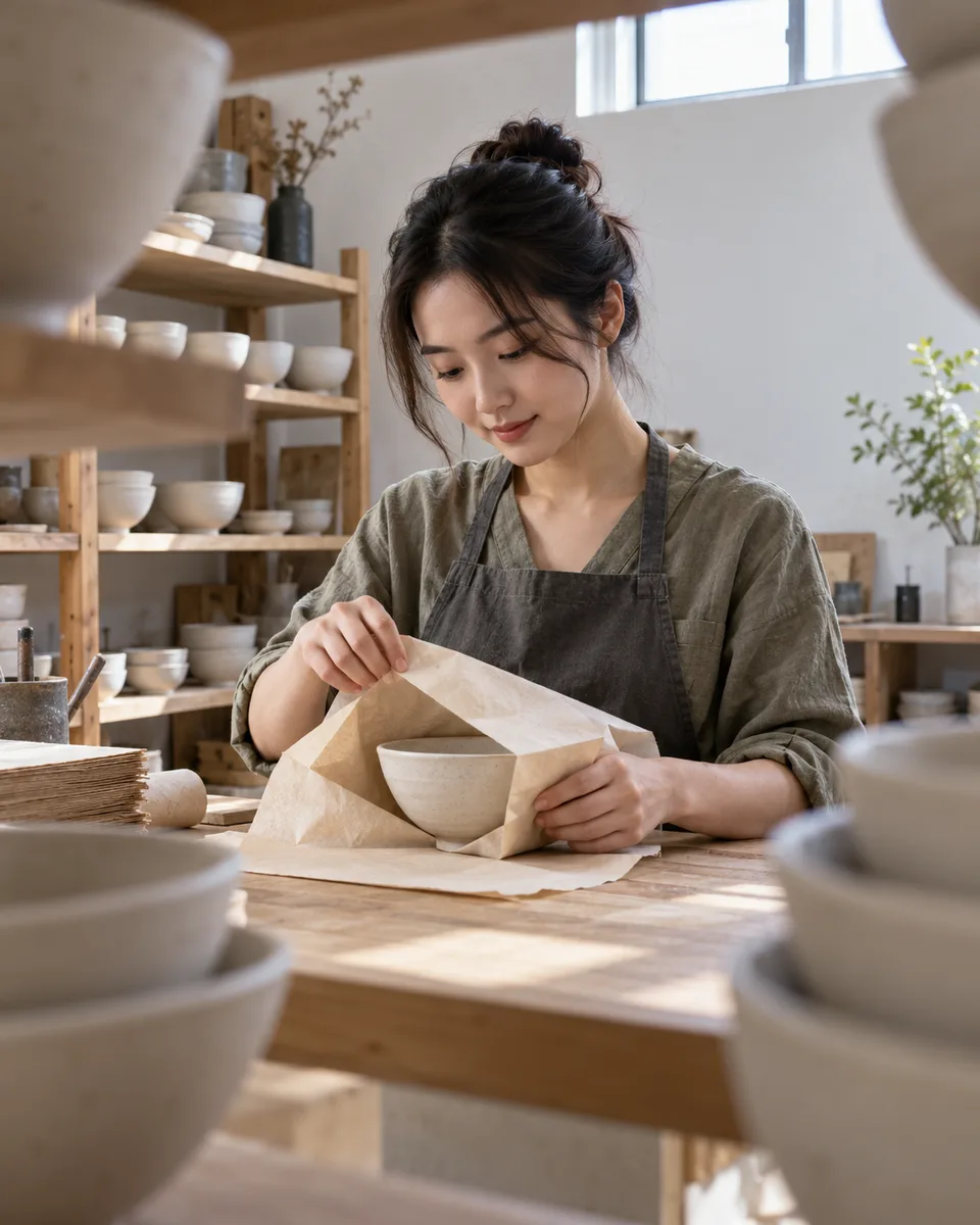 A young Japanese woman protects a finished ceramic bowl for shipment at a pottery studio table.