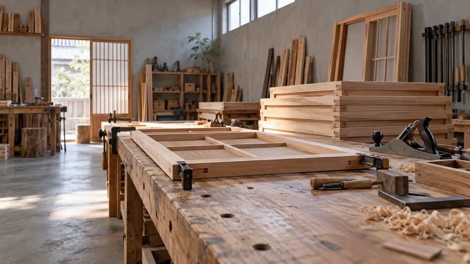 A person-free woodworking shop holds unfinished frames, hand planes and clamps beside a partially assembled sliding-door frame.