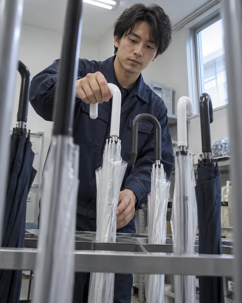 A young Japanese station worker sorts unclaimed umbrellas in an orderly lost-property room.