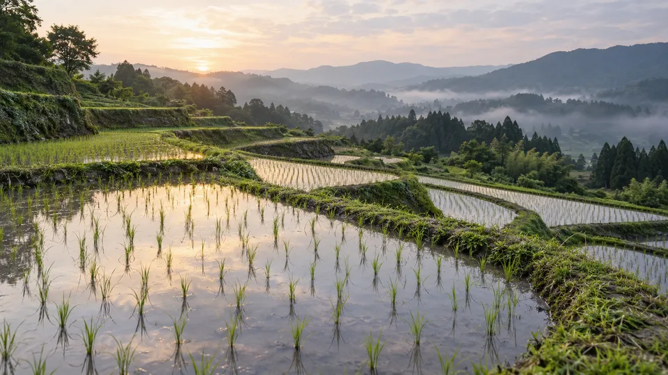 New rice seedlings stand in shallow water across anonymous terraced paddies at dawn.