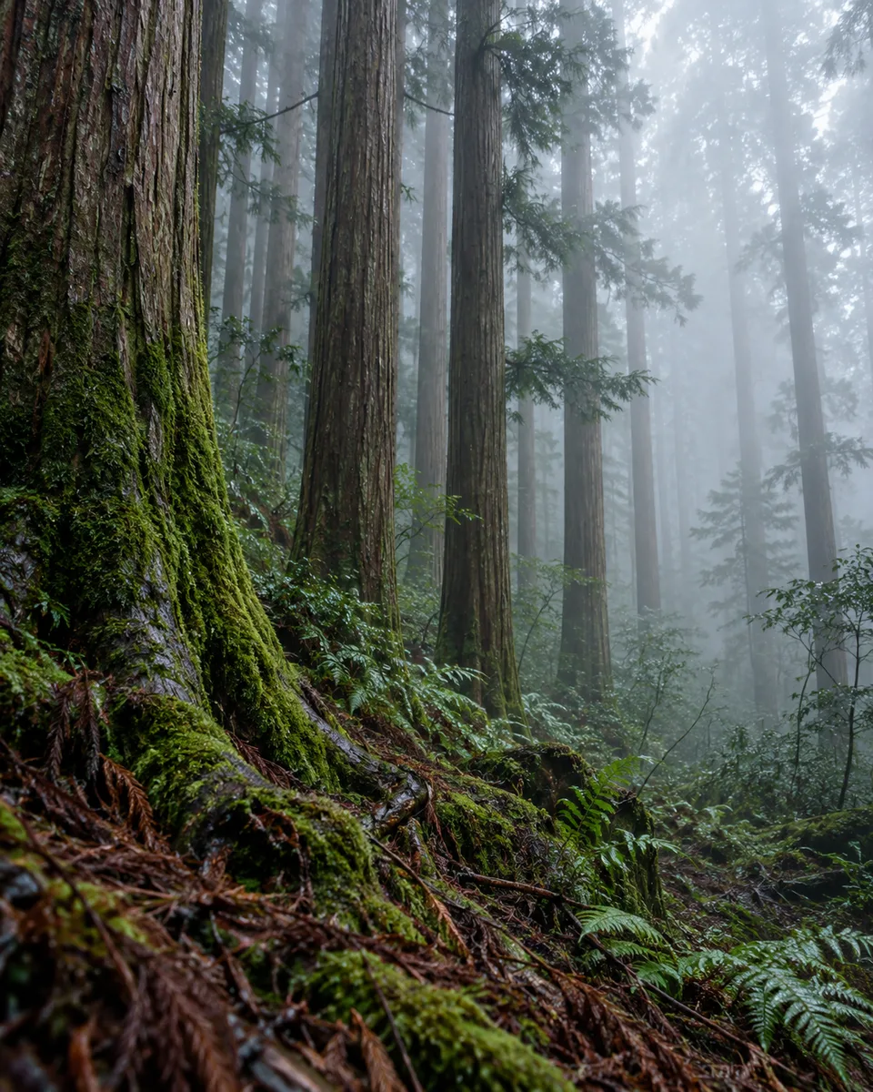 A damp planted cedar forest in Japan rises from moss and low drifting morning mist.