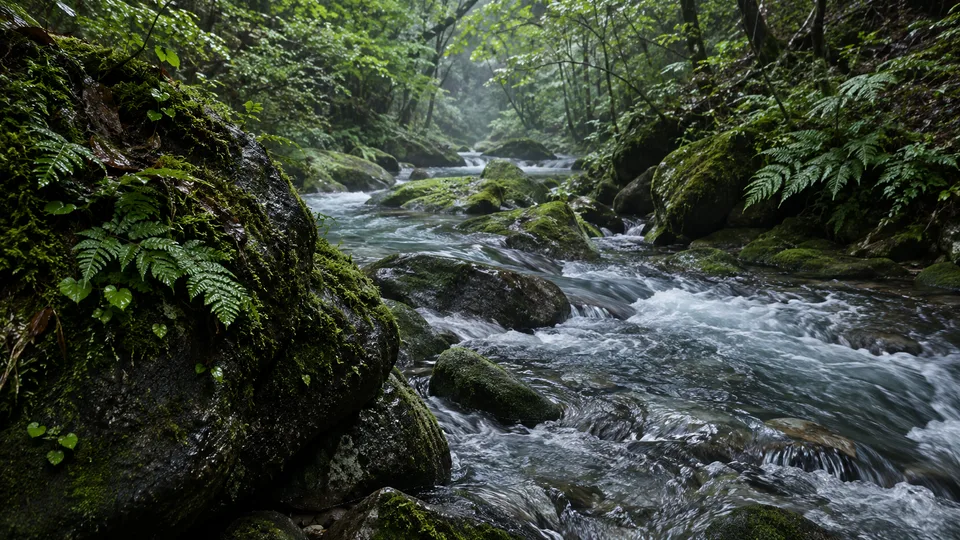 A clear mountain stream runs between moss-covered rocks and wet broadleaf growth during Japan's rainy season.