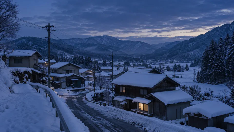 Modest houses and partially cleared lanes settle beneath fresh snow in an anonymous rural Japanese village.
