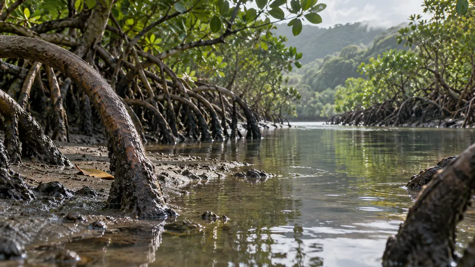 Exposed mangrove roots border a shallow subtropical estuary at low-to-mid tide in a Japan-inspired setting.