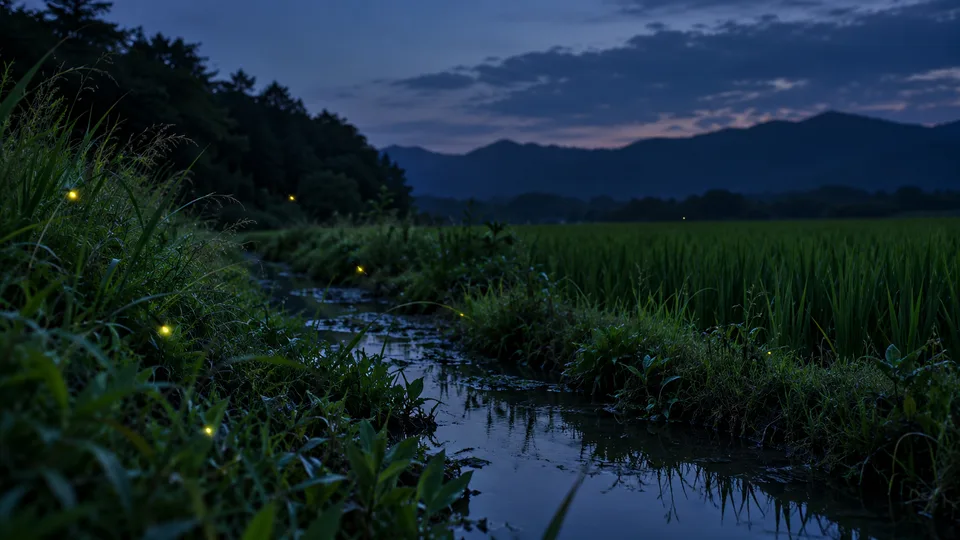 A handful of fireflies glow beside a narrow irrigation channel and green rice fields at blue hour.