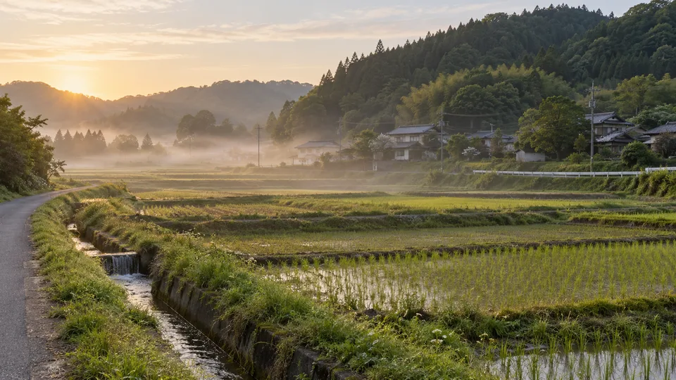 Fields, irrigation water and ordinary homes form a quiet satoyama landscape at dawn.