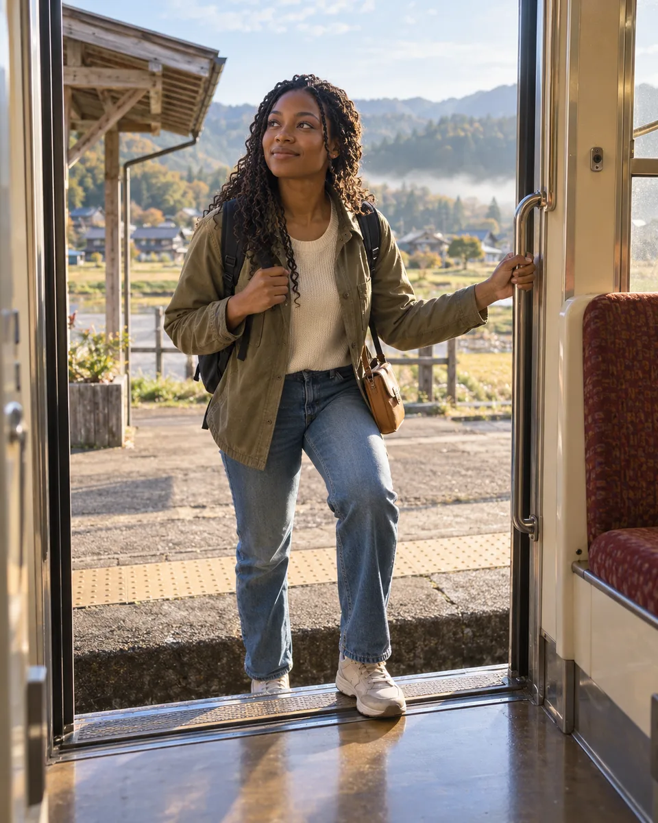 A young traveler boards a one-car rural train from a small Japanese platform, framed by the open doorway.
