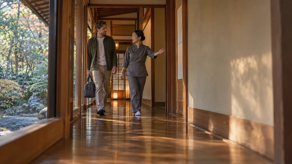 A Japanese staff member guides a guest with an overnight bag along a wooden inn corridor beside a small garden.