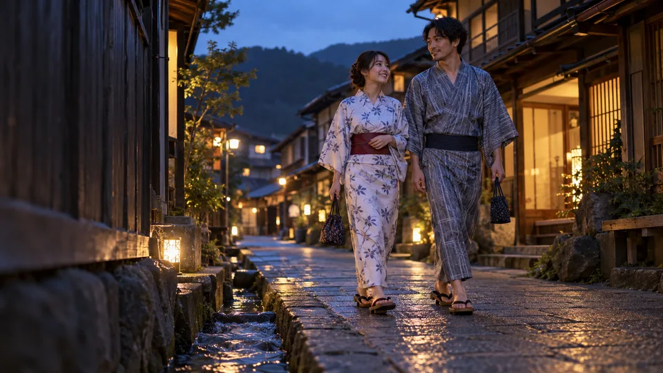 A young Japanese couple walks in yukata along an anonymous hot-spring town lane at blue hour.