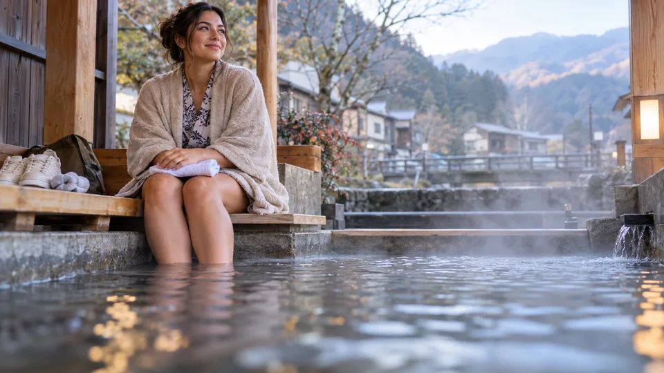 A young traveler rests with bare lower legs in an outdoor ashiyu, shoes set aside beside the bench.