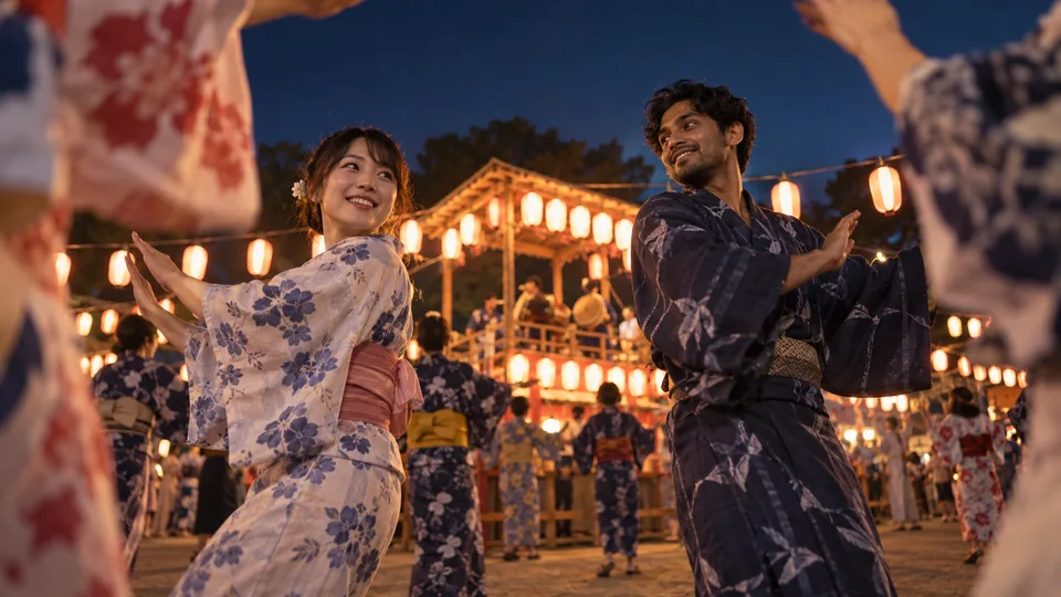 Two young adults in summer yukata follow a bon odori dance beneath warm festival lanterns.