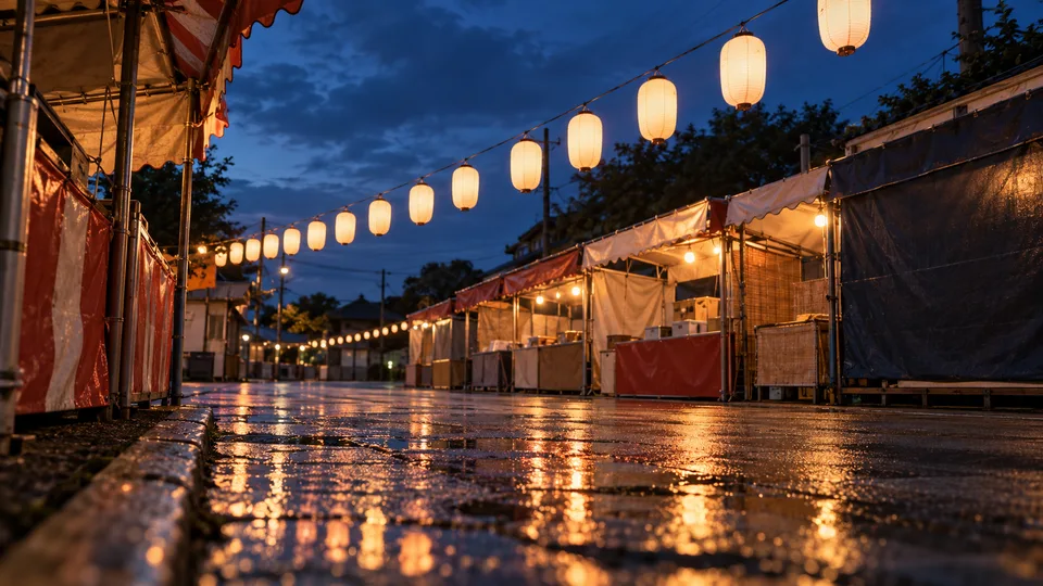 Blank paper lanterns glow over a damp, person-free community festival lane before visitors arrive.
