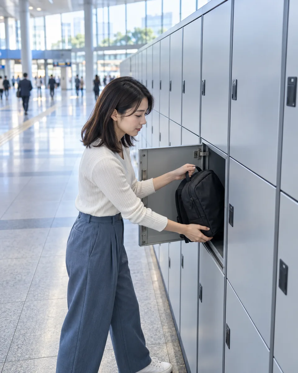 A young traveler removes one backpack from a station concourse locker with the open door framing her hands.