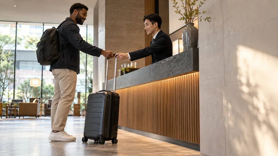 A traveler hands the handle of a rolling suitcase to staff across an anonymous hotel lobby counter.