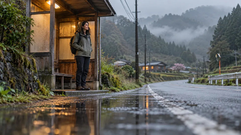 A young traveler waits beneath a roadside bus shelter beside a wet rural road and misty wooded hills.