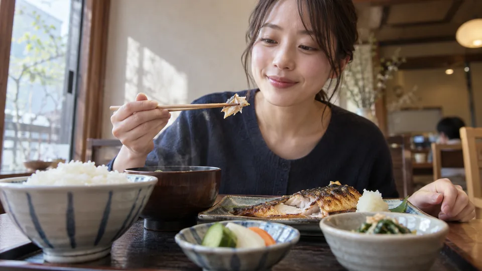 A young Japanese woman lifts a bite of grilled fish over a practical set meal of rice, soup and small sides.