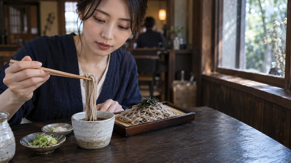 A young Japanese woman dips a modest bundle of cold soba into tsuyu beside a bamboo-style noodle tray.