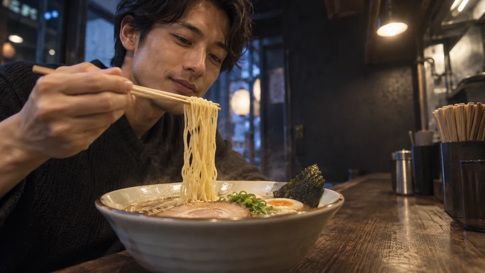 A Japanese diner lifts noodles from a warm ramen bowl in a simple evening counter shop.