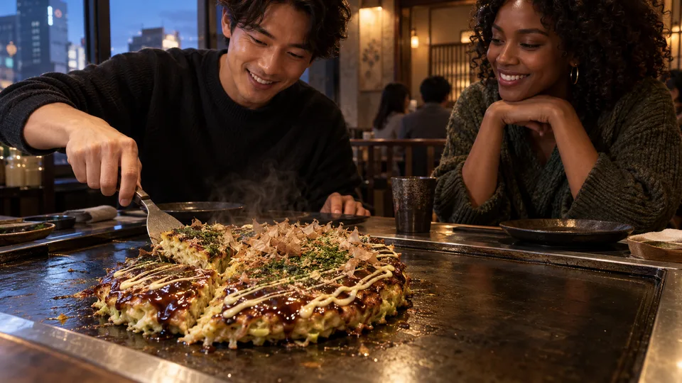 Two diners share a cooked okonomiyaki on a table griddle as one lifts a wedge with a small spatula.