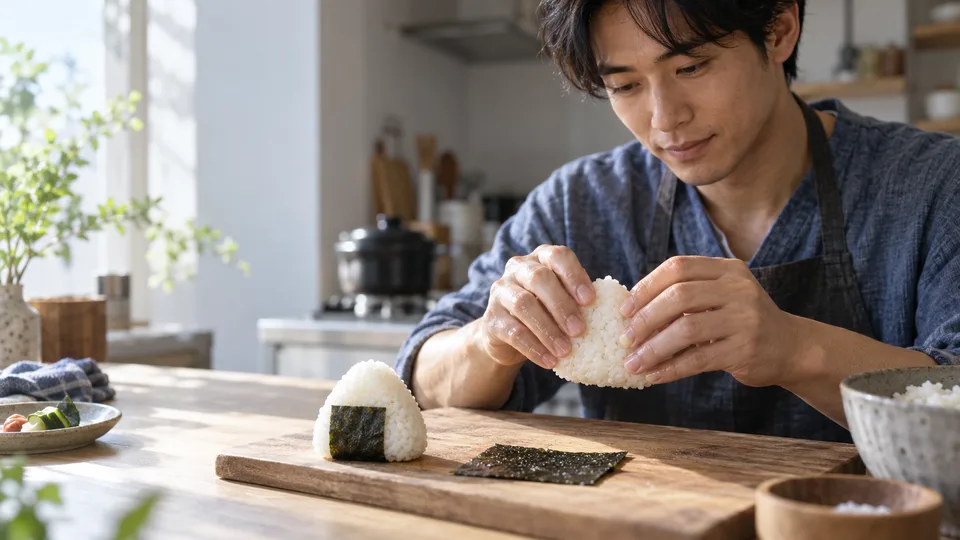 A young Japanese man shapes warm rice between both hands at home, with a finished onigiri and nori nearby.