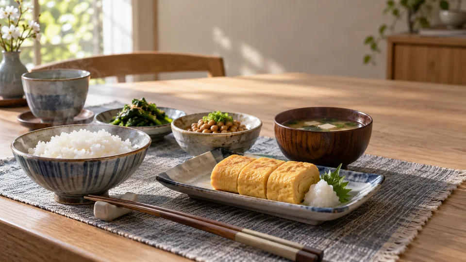 Rice, natto, tamagoyaki, miso soup and greens sit on a modest sunlit home table with no people present.