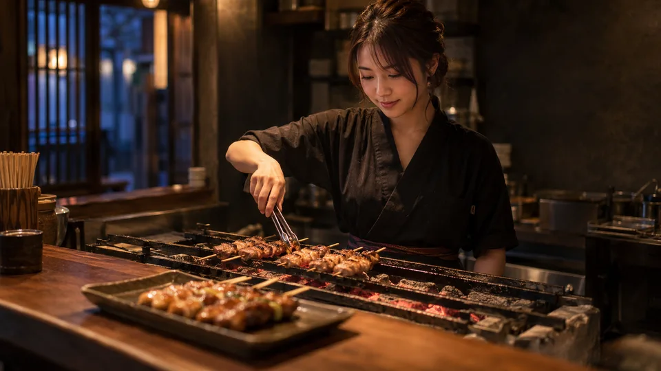 A young Japanese cook uses metal tongs to turn skewers over a narrow charcoal grill at a neighborhood shop.
