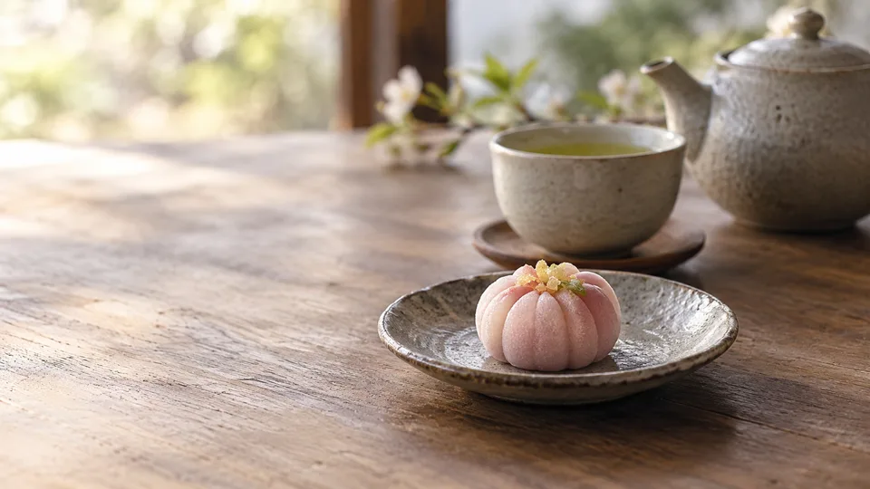 A single seasonal wagashi sits beside green tea and a simple ceramic pot in diffused afternoon light.