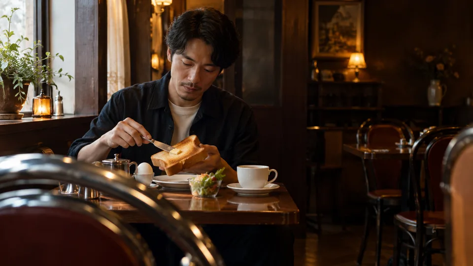 A young Japanese man butters thick toast beside coffee and a simple side in an old-style neighborhood cafe.