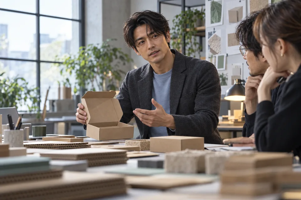 A Japanese man reviews a packaging prototype with colleagues in a materials studio.