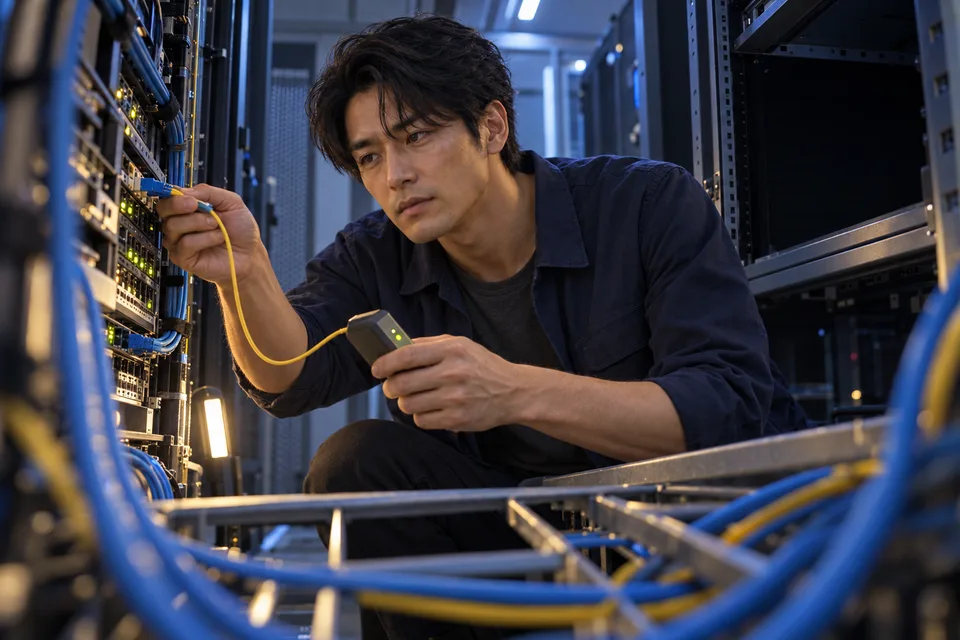 A Japanese man technician checks a cable connection in a network workspace.