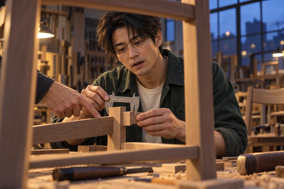 A Japanese man learns how wooden furniture parts fit together in a workshop class.
