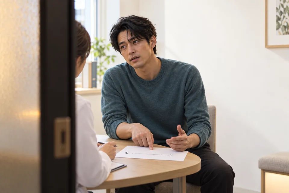 A Japanese man discusses sleep habits with a clinician during a consultation.