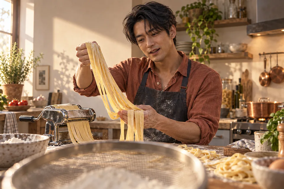 A Japanese man rolls fresh pasta dough in a home kitchen.