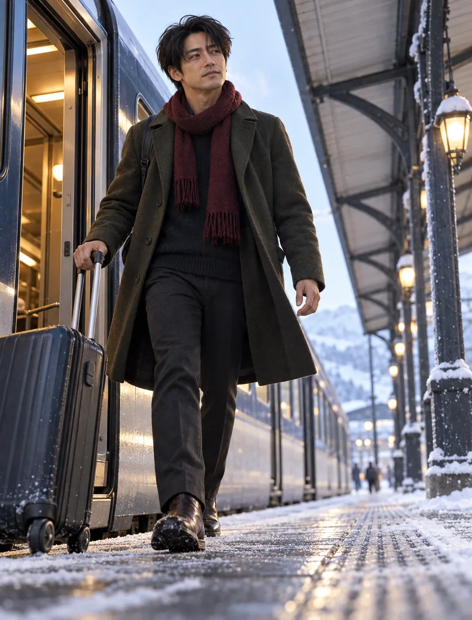 A Japanese man steps onto a snowy railway platform after a winter train trip.