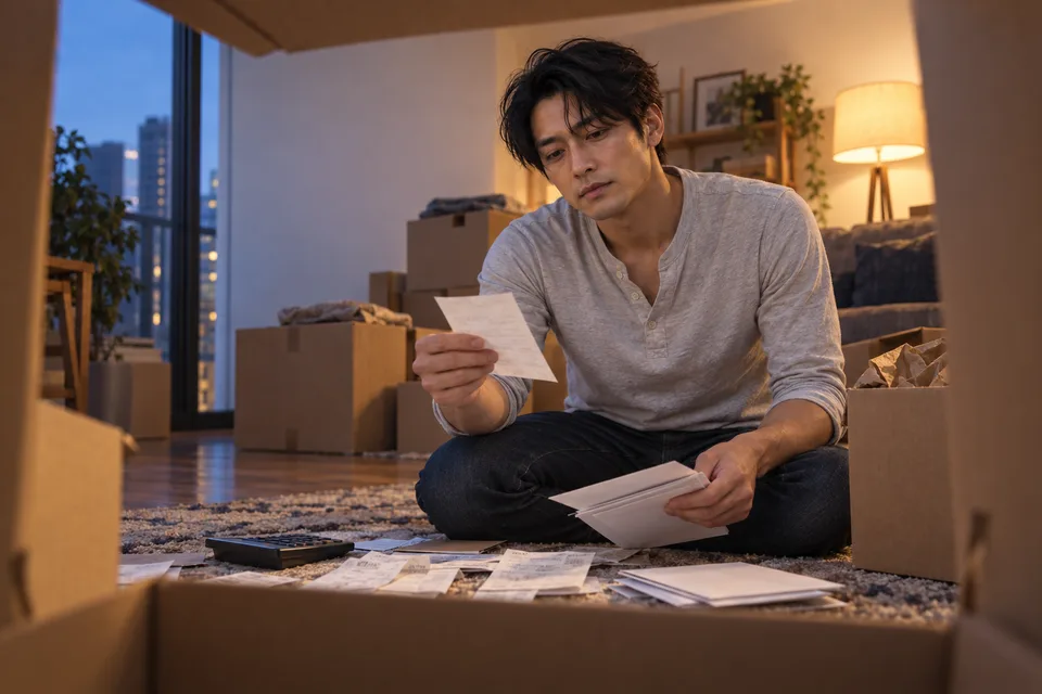 A Japanese man checks household expenses before moving to a new home.