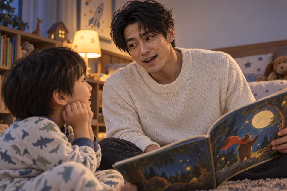 A Japanese father reads aloud to his child, holding the book close between them.