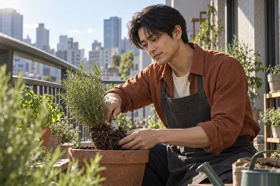A Japanese man repots rosemary on an urban balcony.