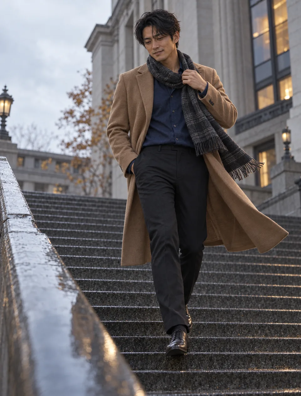 A Japanese man adjusts his scarf while walking down city steps in autumn.