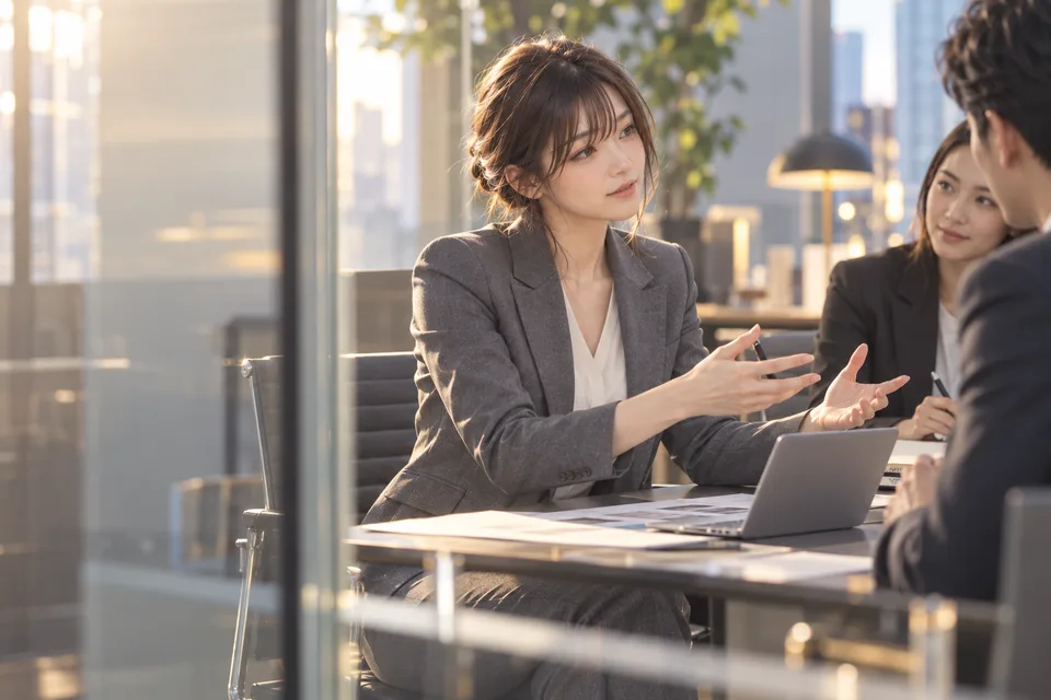 A Japanese woman in a gray pantsuit explains a business proposal to colleagues through a glass-walled office.
