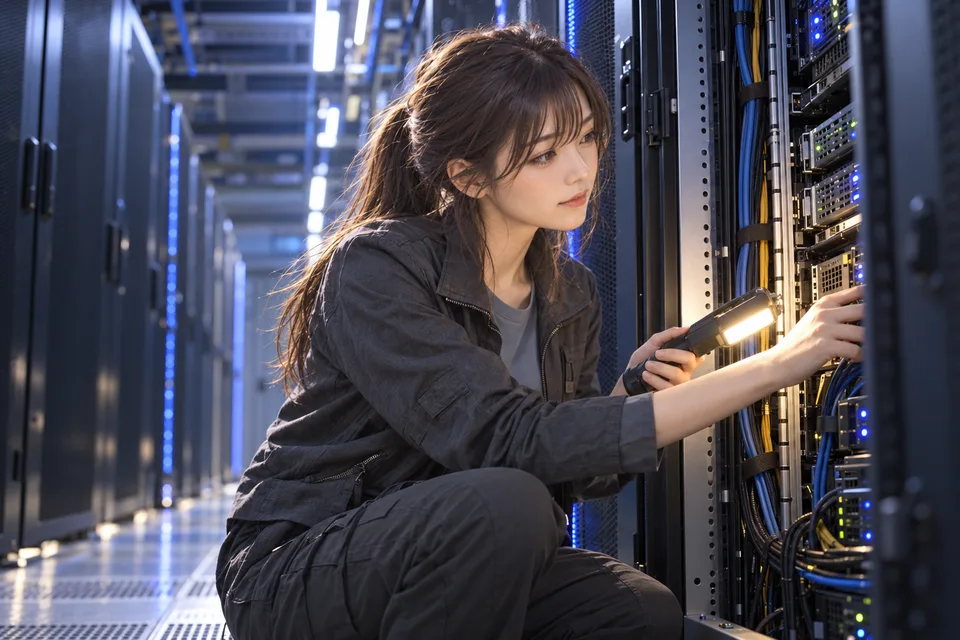 A Japanese woman engineer checks network equipment in a server room under focused task lighting.