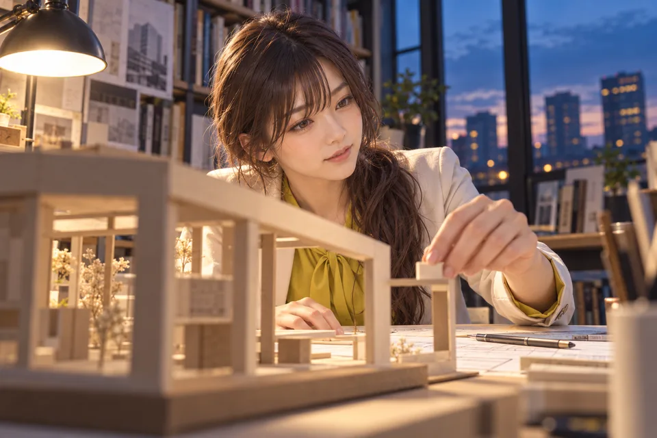 A Japanese woman studies an architectural model in an evening design class.